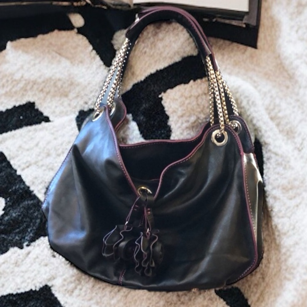 REDI LUXURIOUS LEATHER HOBO BAG BLACK WITH PURPLE TRIM MADE IN FLORENCE, ITALY